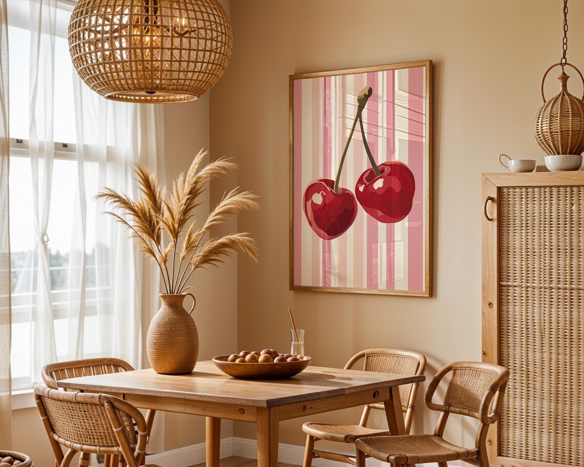 Cherries Retro Drawing Cherries Wall Art Kitchen Trendy Print Farmhouse Kitchen Posters Retro Kitchen Decor Fruit Wall Art - Image 2