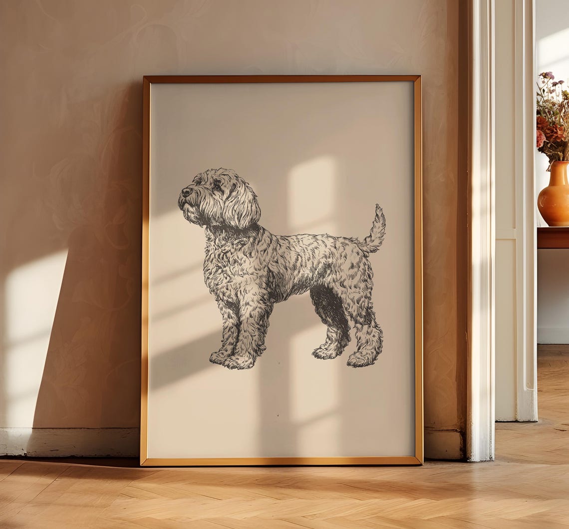 Goldendoodle Sketch Vintage Poster Dog Print Dog Wall Decor Antique Retro Art Country Painting Dog Drawing Farmhouse Puppy Print - Image 2