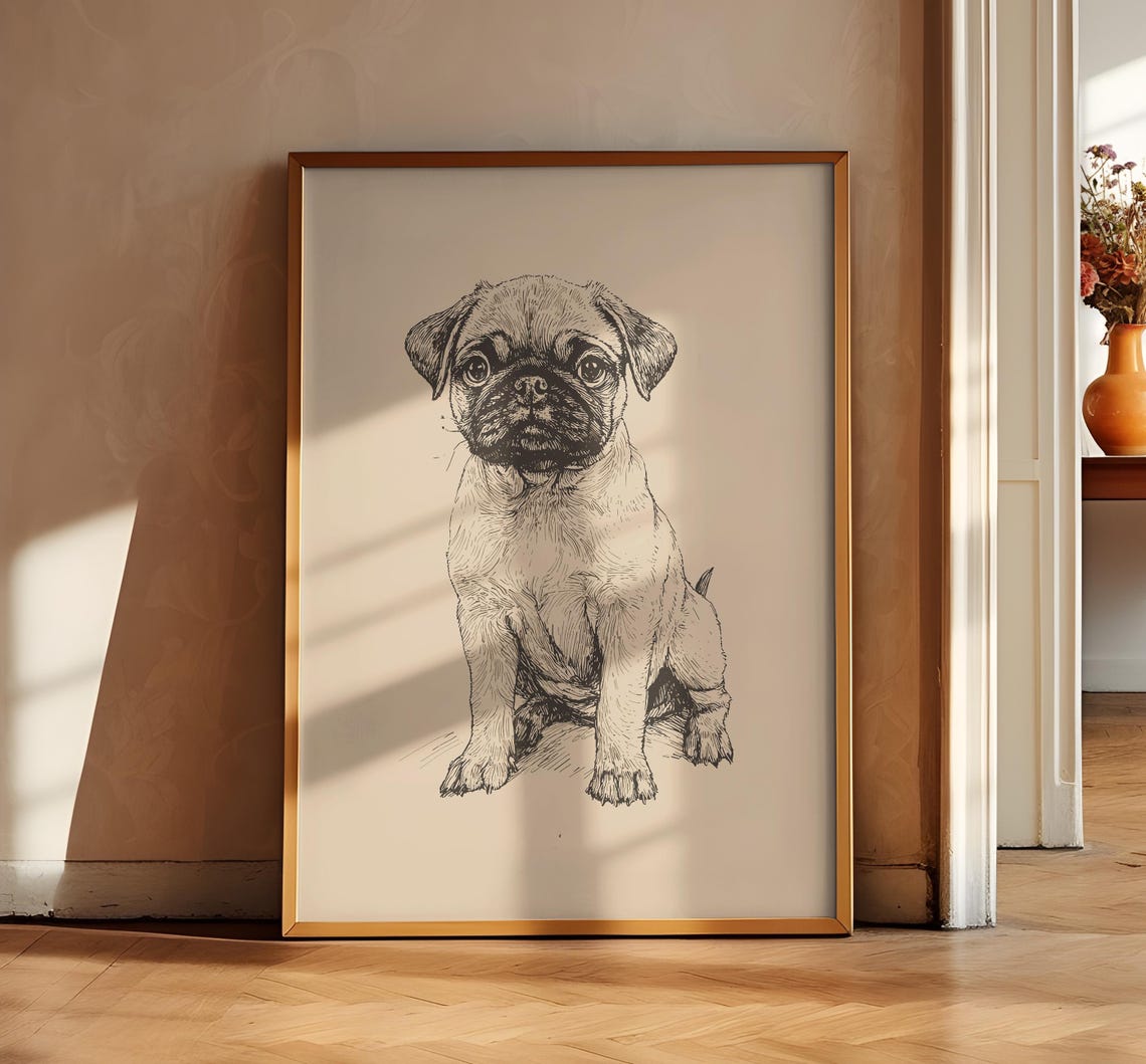 Pug Puppy Vintage Print Dog Retro Drawing Pug Wall Art Antique Painting Country Wall Art Dog Sketch Farmhouse Print Pug Pet Poster - Image 3