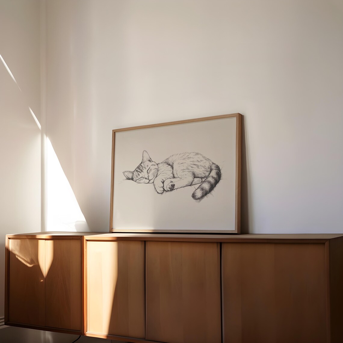 Sleeping Tabby Cat On Side Soft Ink Sketch Calm Cat Artwork Poster - Image 3