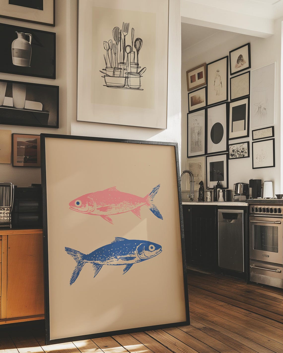 Pink Blue Fish Wall Decor Mackerel Retro Print Farmhouse Kitchen Painting Fish Art Kitchen Poster Trendy Food Art Vintage Kitchen Art - Image 3