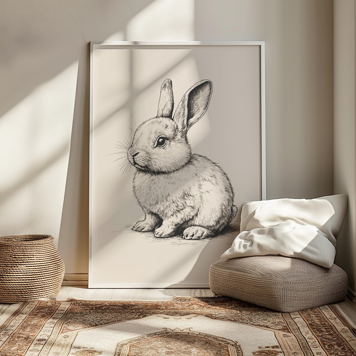 Cute Rabbit Bunny Sitting Vintage Line Sketch Nursery Poster - Image 3