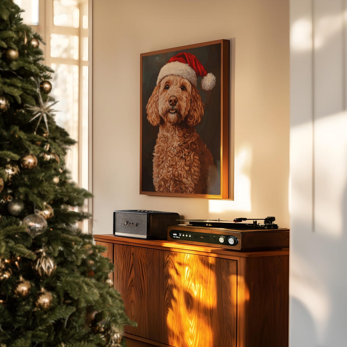 Goldendoodle Xmas Print Christmas Dog Wall Decor Santa Dog Print Vintage Dog Art Christmas Pet Goldendoodle Painting Christmas Poster - Image 3