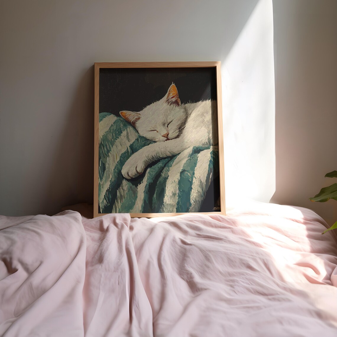 Sleeping White Cat on Green Quilt Cozy Vintage Cat Painting Poster - Image 2