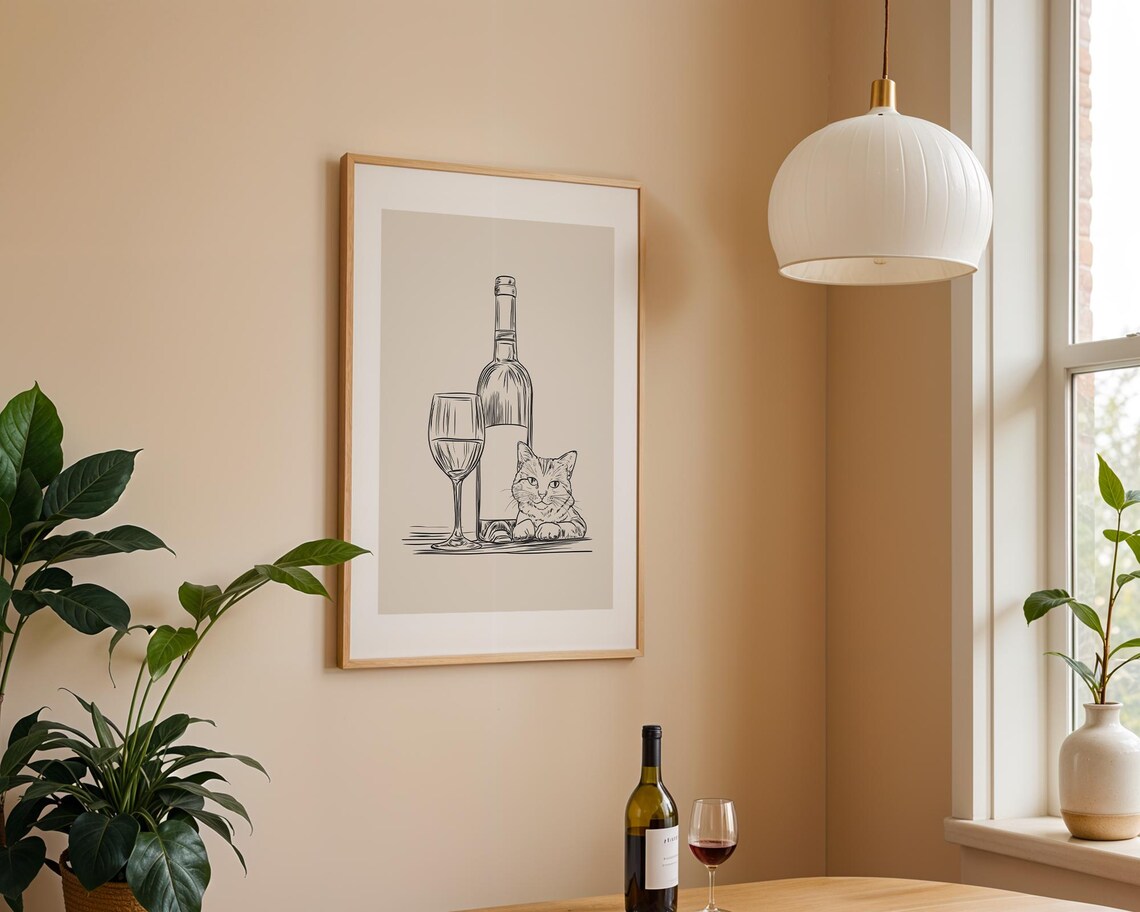 Cat Sitting Beside Wine Bottle and Glass Funny Kitchen Line Art Poster - Image 2