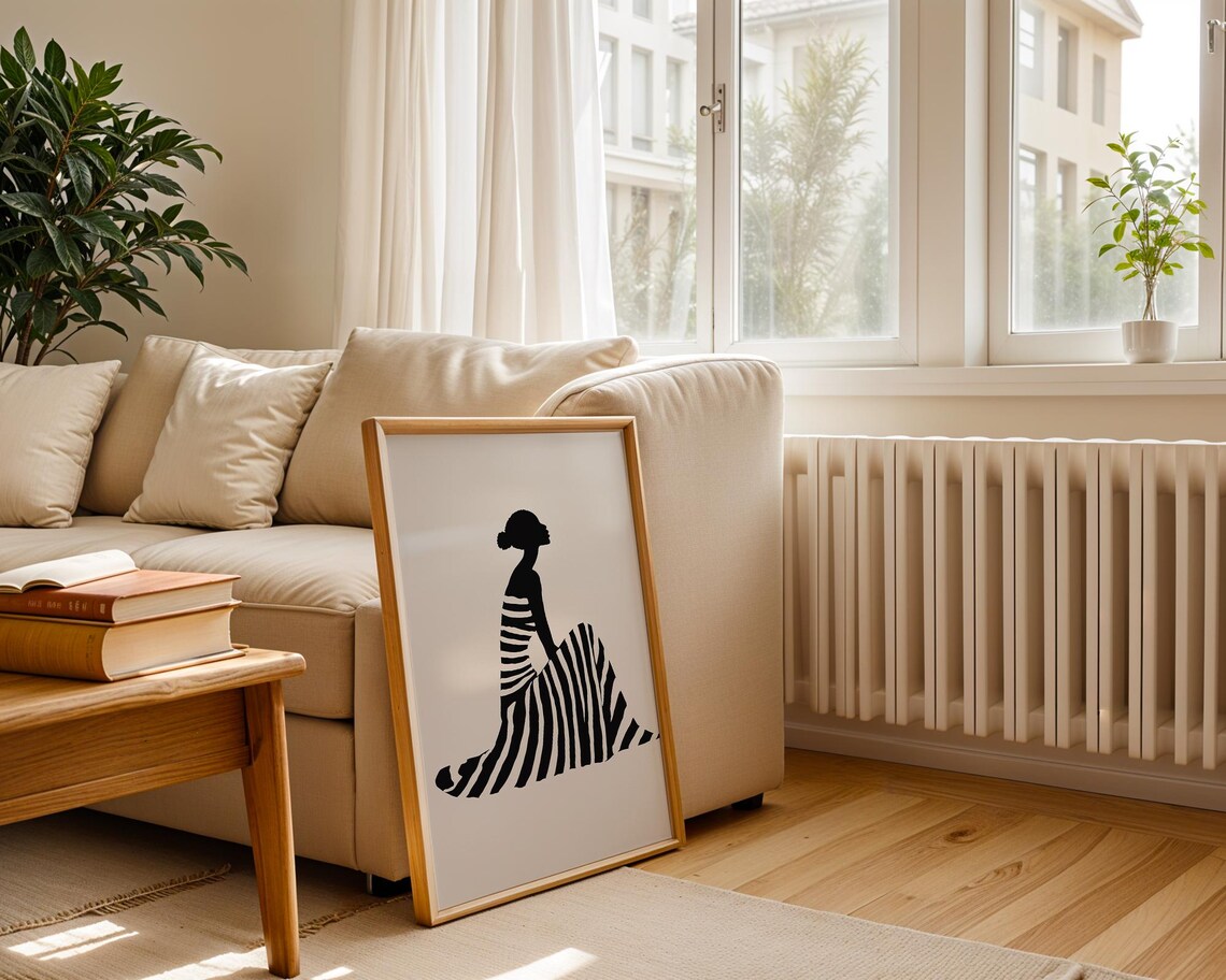 Seated Woman Striped Skirt Silhouette Minimal Modern Art Poster - Image 2