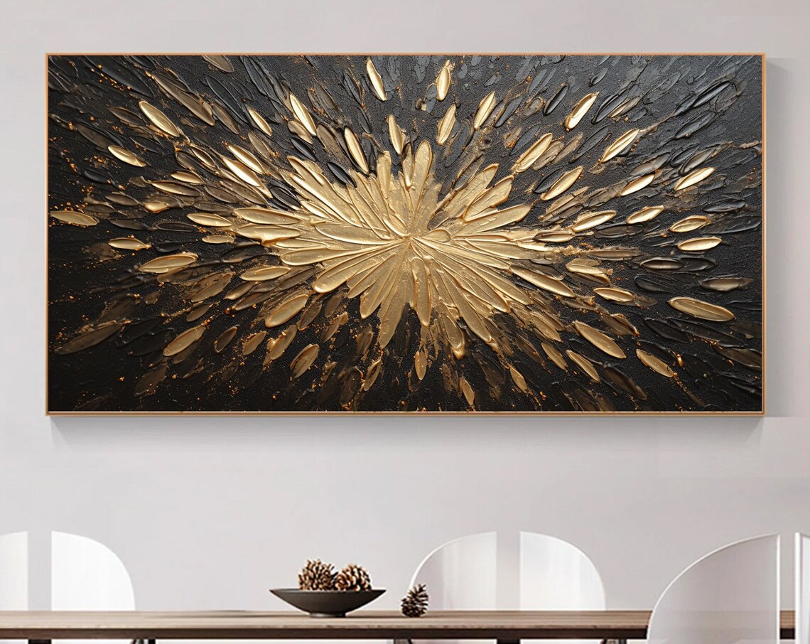 Gold Metallic Burst Black Background Abstract Floral Wall Art