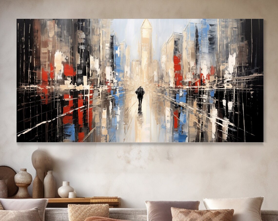 Rainy City Street Lone Figure Umbrella Moody Abstract Urban Wall Art