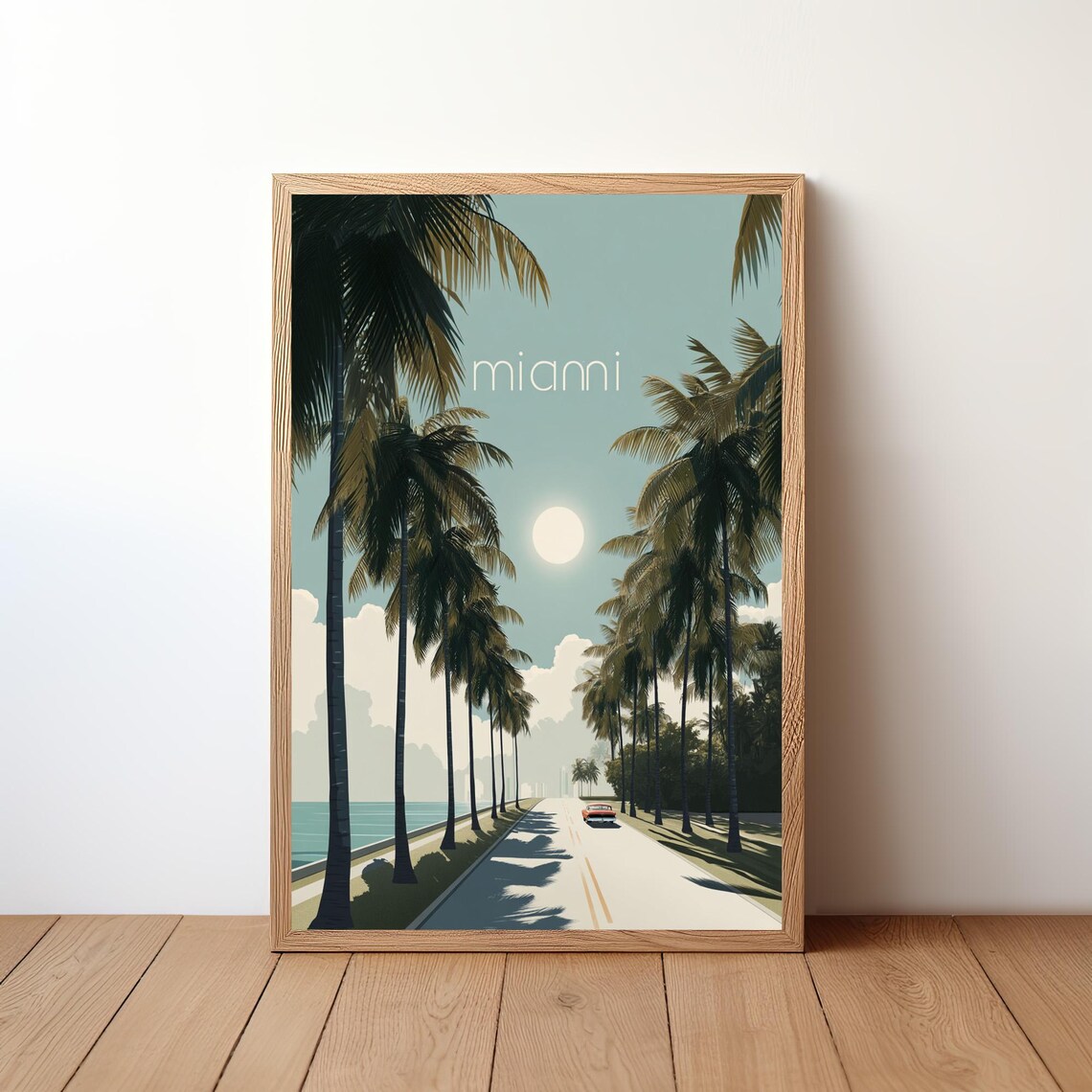 Miami Florida Palm Lined Coastal Road Travel Poster Retro Sun Scene
