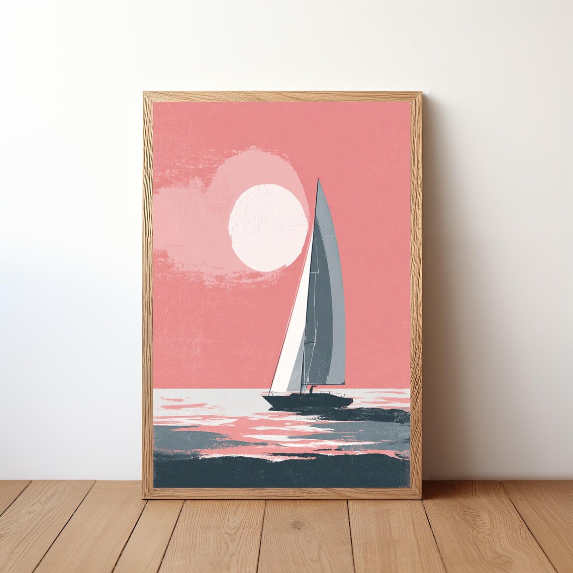 Sailboat Coral Sky Big Sun Circle Grey Sea Minimalist Ocean Sunset Poster Art