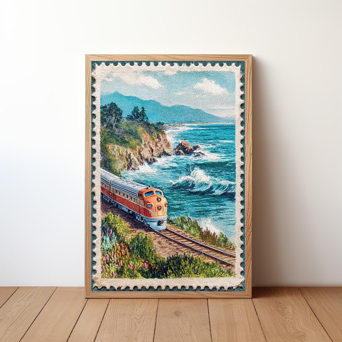 Vintage Train Stamp Poster, Retro Locomotive Travel Poster