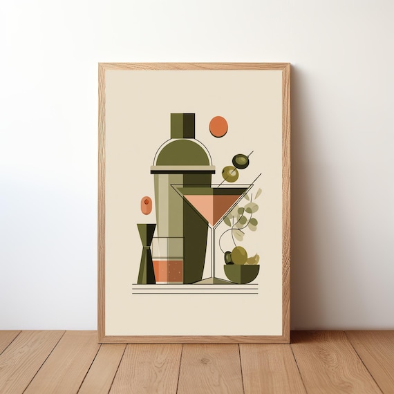 Retro Cocktail Shaker And Martini Glass Minimalist Bar Wall Art