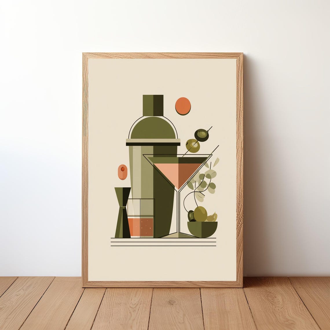 Retro Cocktail Shaker And Martini Glass Minimalist Bar Wall Art