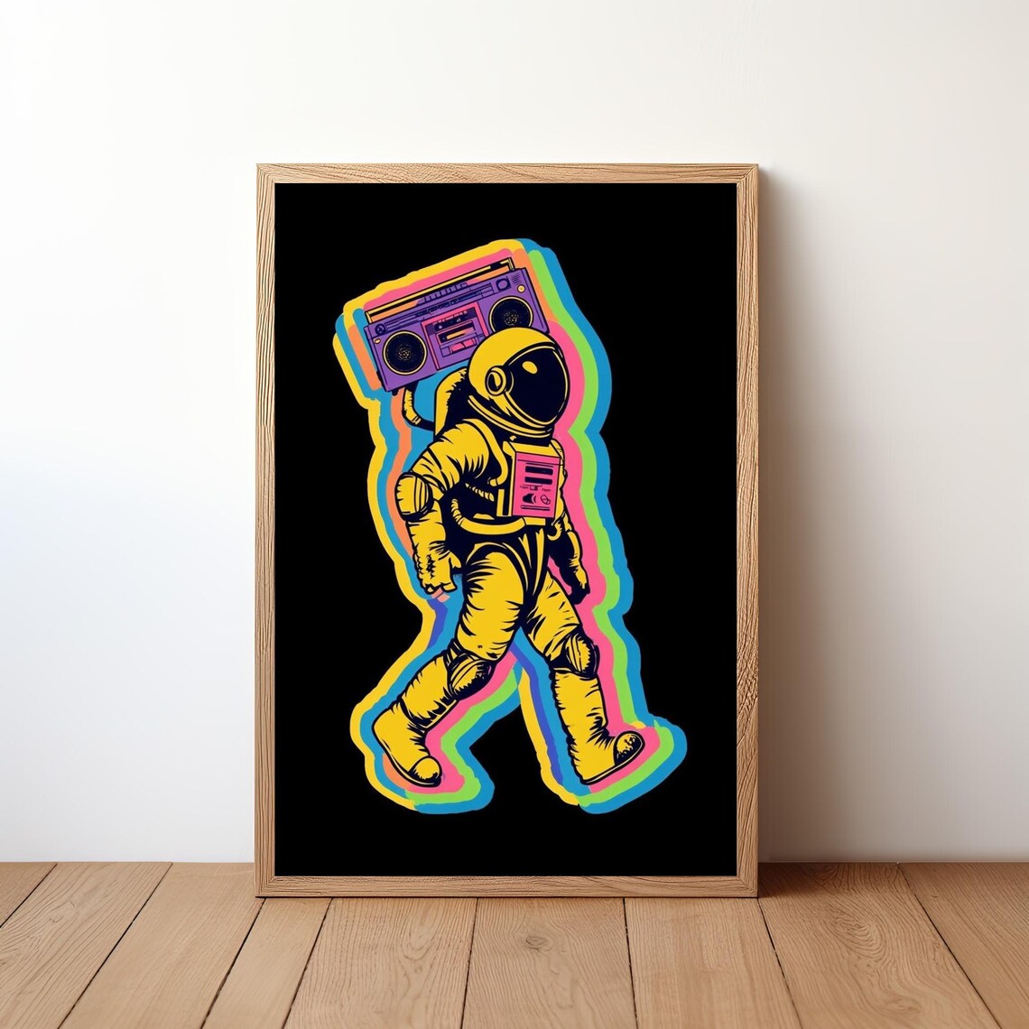 Astronaut Carrying Boombox Retro Rainbow Space Music Neon Style Art Poster