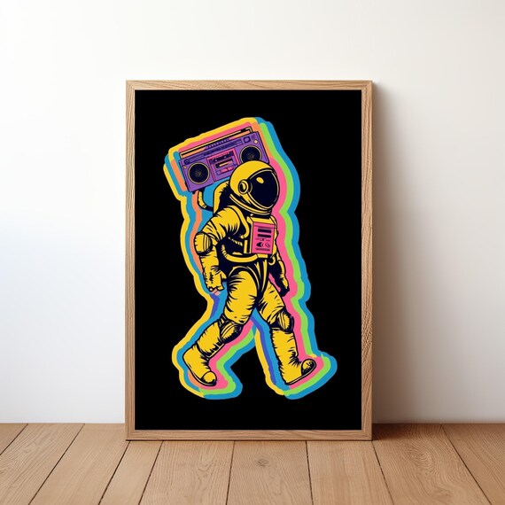 Astronaut Carrying Boombox Retro Rainbow Space Music Neon Style Art Poster