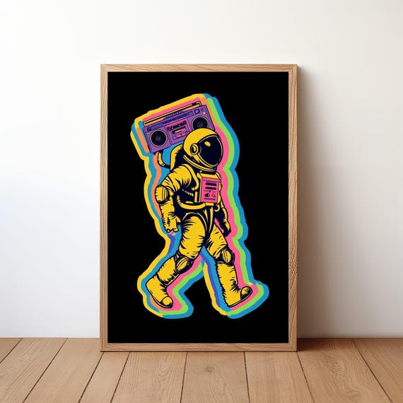 Astronaut Speaker Poster Retro Space Wall Art Funky Music Print Vintage Scifi Decor Cosmic Boombox Illustration Rb46