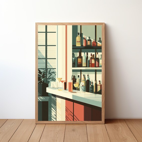 Teal Retro Cocktail Bar Window Light Minimalist Kitchen Poster