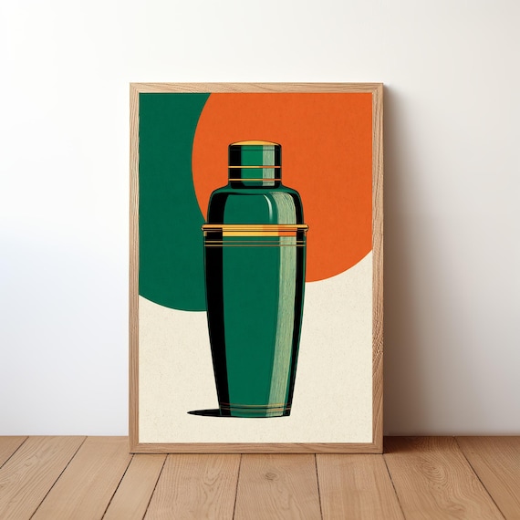 Dark Green Cocktail Shaker Orange Sun Retro Mid Century Wall Print