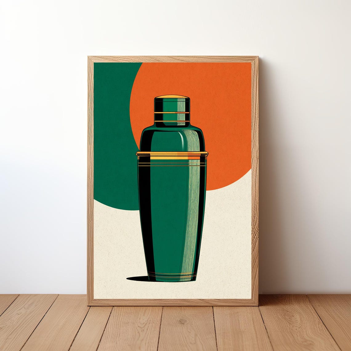 Dark Green Cocktail Shaker Orange Sun Retro Mid Century Wall Print