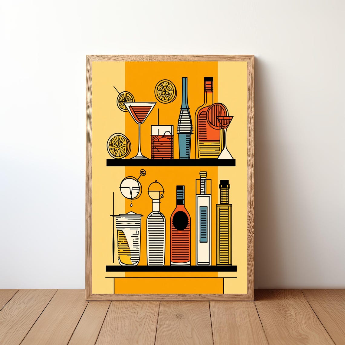 Retro Yellow Bar Shelf Bottles Cocktail Glasses Pop Art Poster