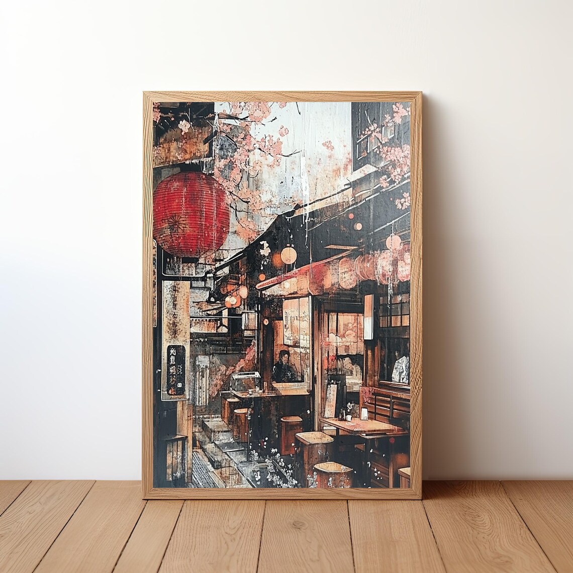 Japan Cafe Rainy Alley Red Lantern Cherry Blossom Izakaya Scene Poster
