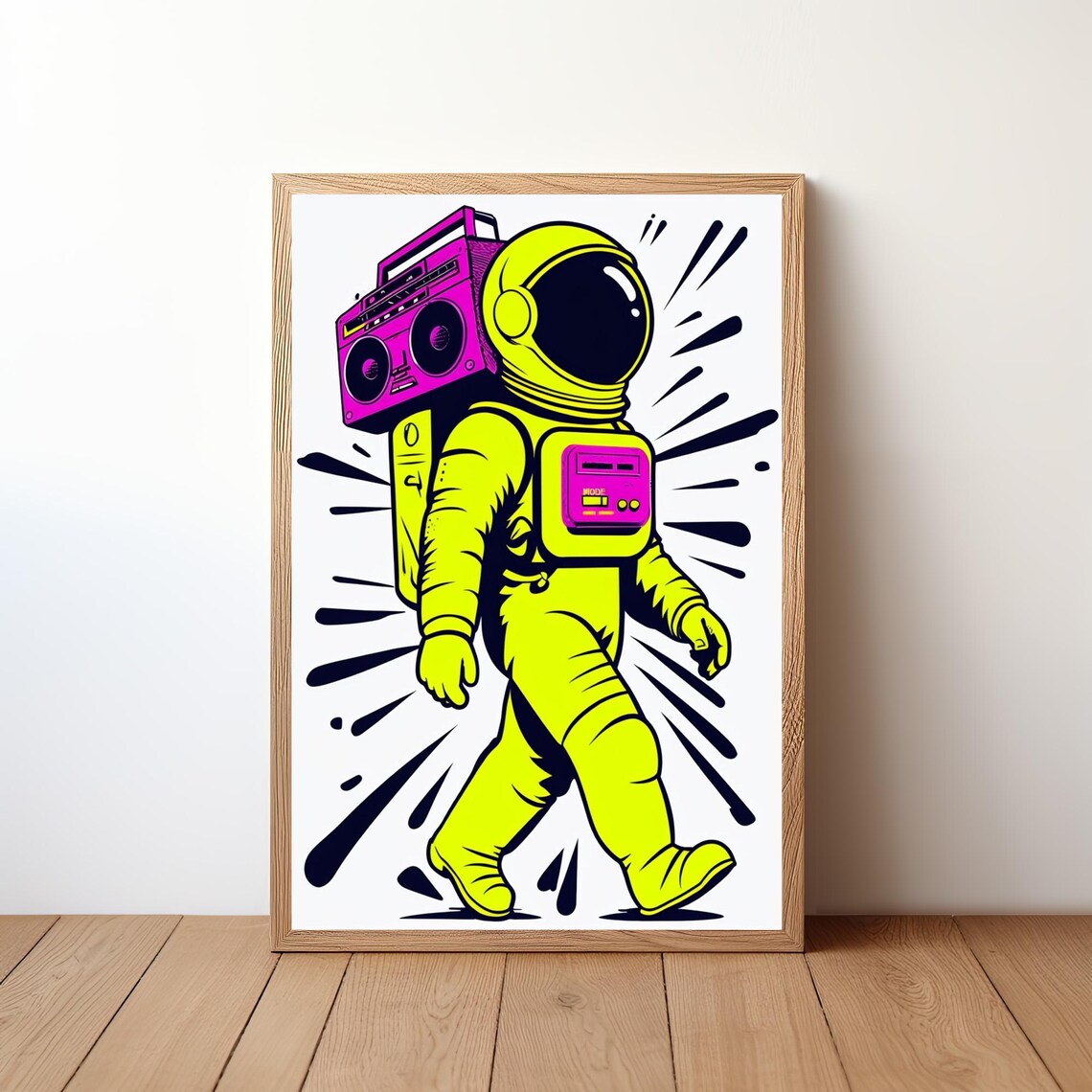 Neon Astronaut With Pink Boombox Pop Art Space Music Graphic Style Poster