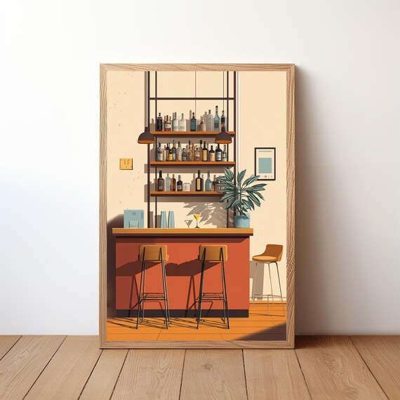Retro Cocktail Bar Interior Orange Barstools Mid Century Poster