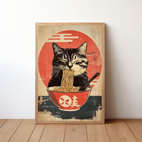 Tabby Cat Eating Ramen Red Sun Japanese Retro Style Funny Cat Art Poster
