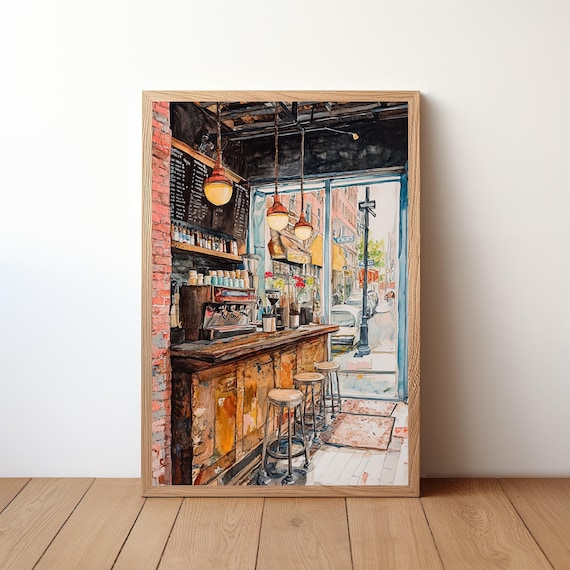 Cozy Espresso Bar Watercolor Cafe Interior City Street Window View Poster