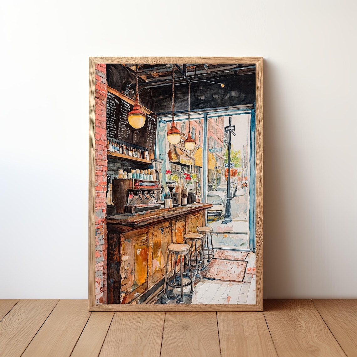 Cozy Espresso Bar Watercolor Cafe Interior City Street Window View Poster