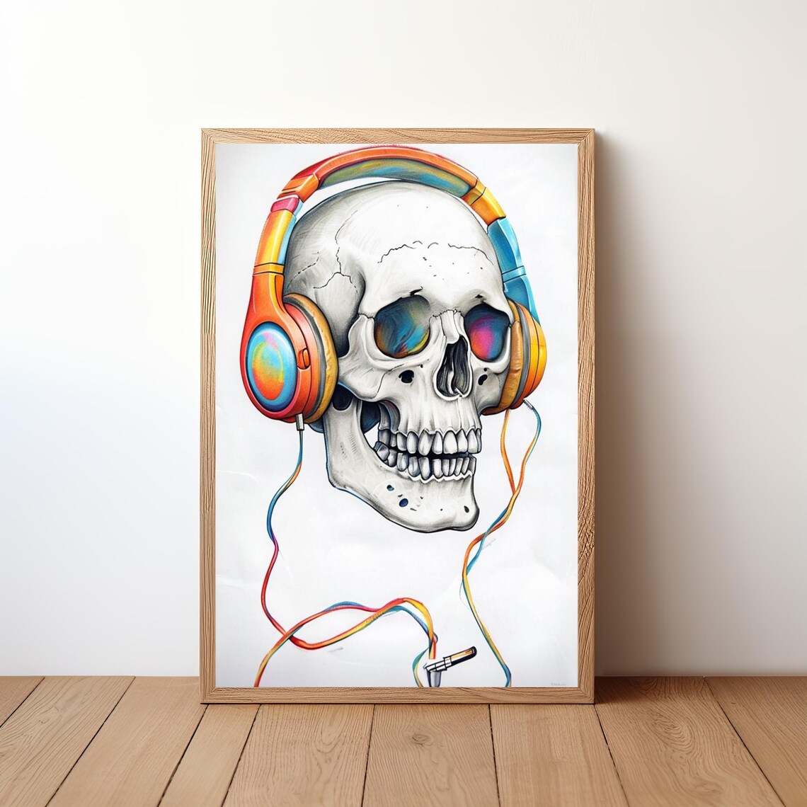 Skull Wearing Colorful Headphones Music Illustration Art Print