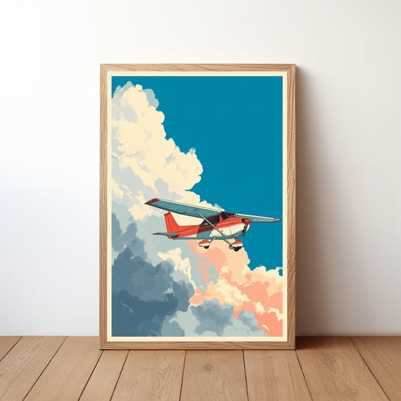 Minimalist Cessna Plane Poster Modern Aviation Wall Art Small Aircraft In Sky Print Simple Pilot Decor Clean Flight Illustration Avi26