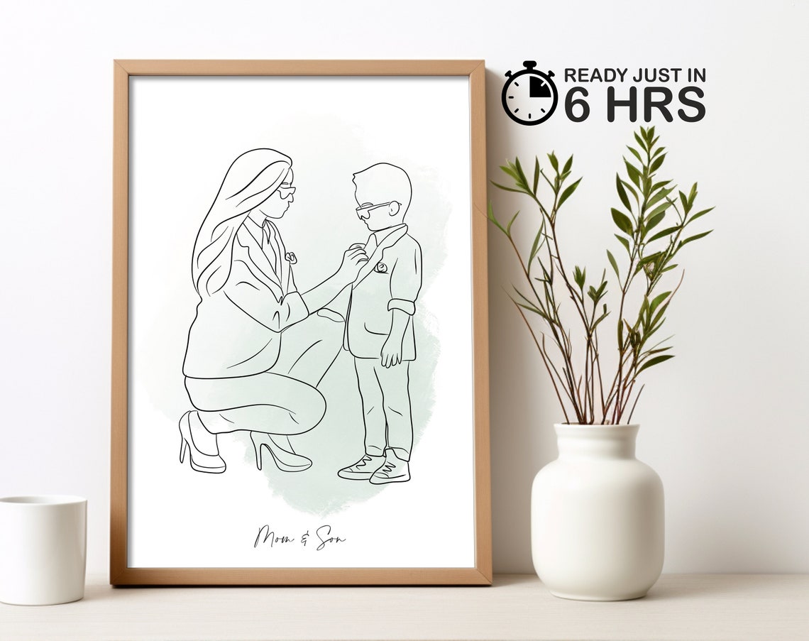 Custom Mom and Son Tender Moment Line Art Portrait Poster Mint Wash