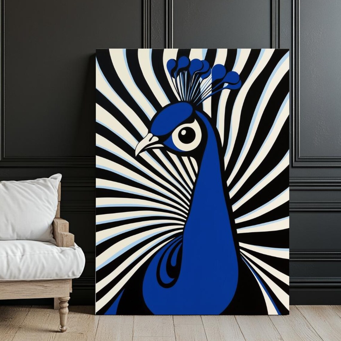 Blue Peacock with Black and White Optical Illusion Striped Tail Poster