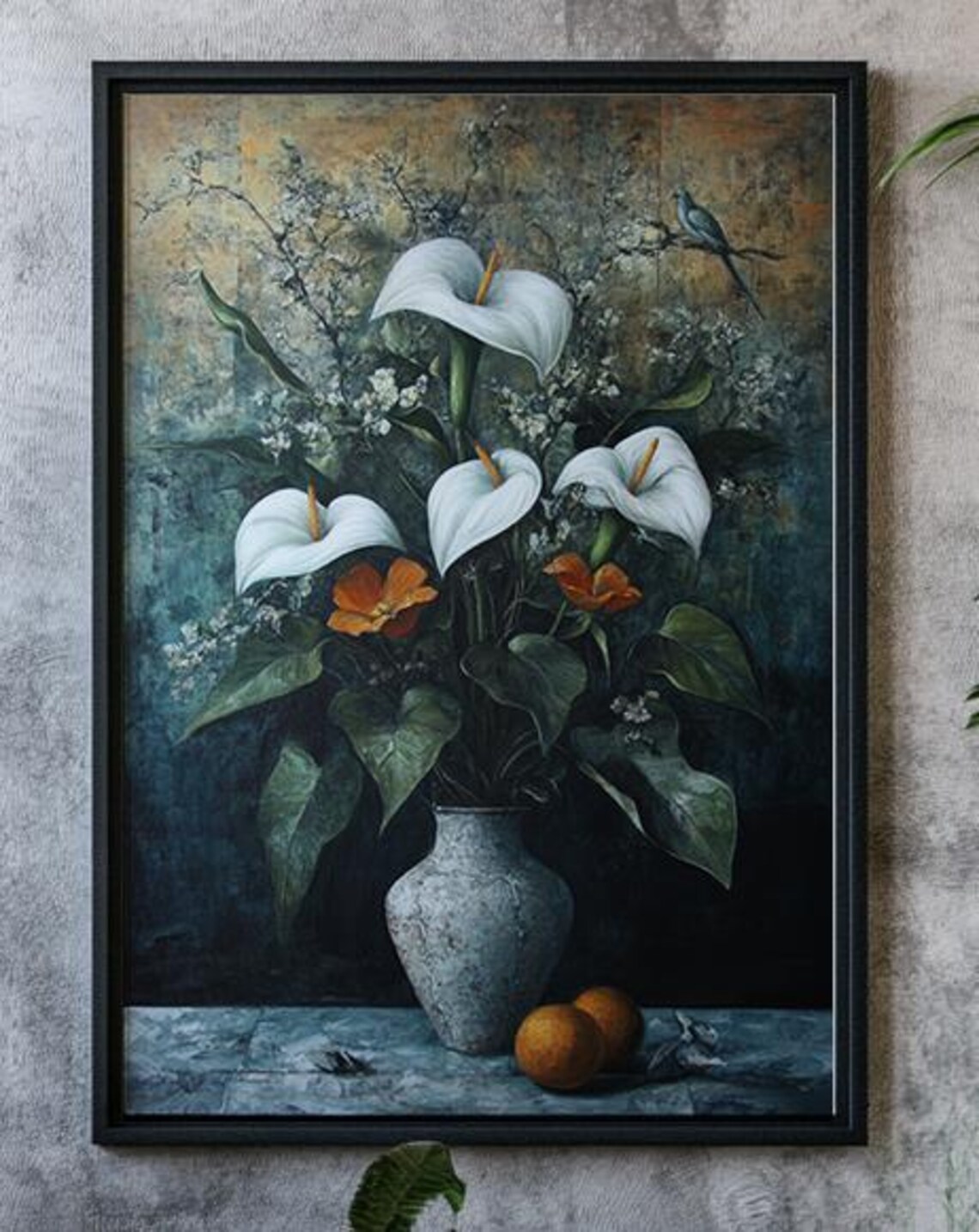 White Calla Lilies in Gray Vase Still Life Floral Painting Poster