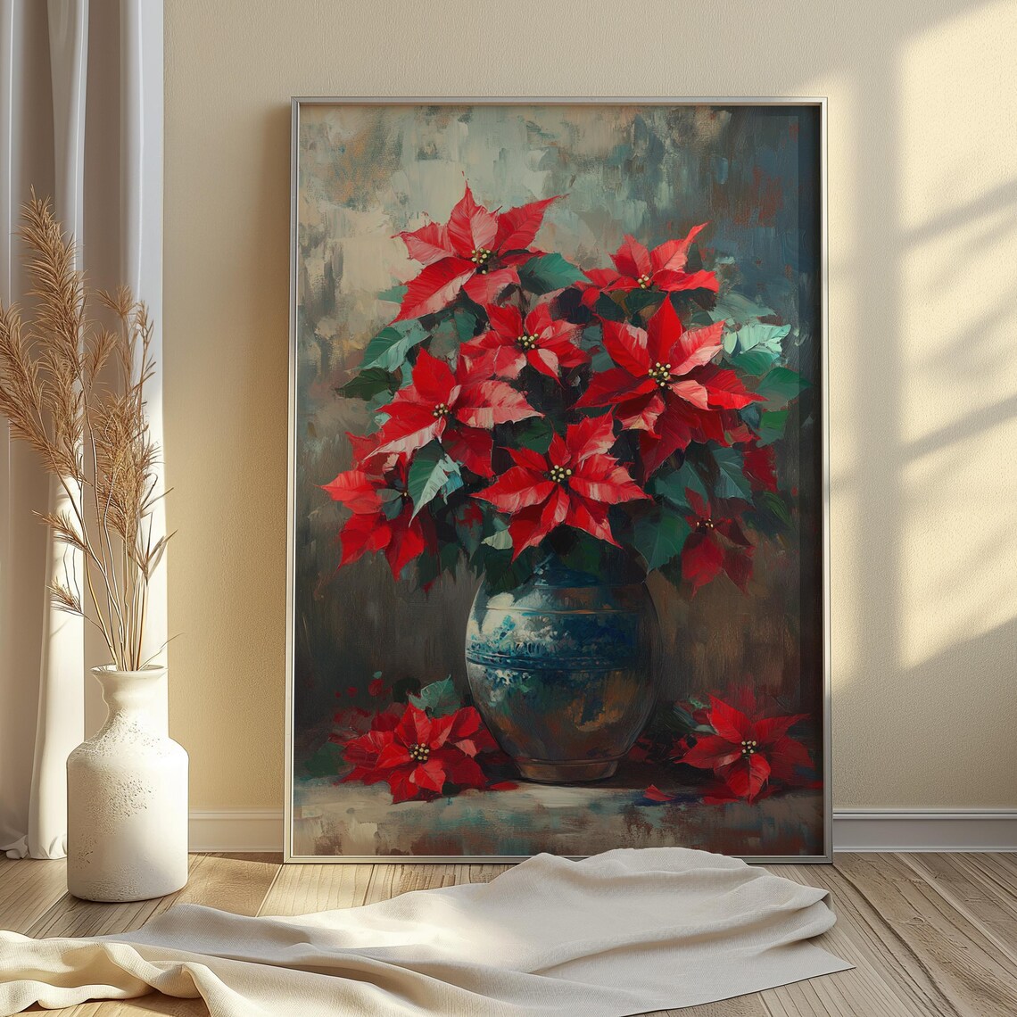 Red Poinsettia Blue Ceramic Vase Painterly Christmas Wall Art Print - Image 3