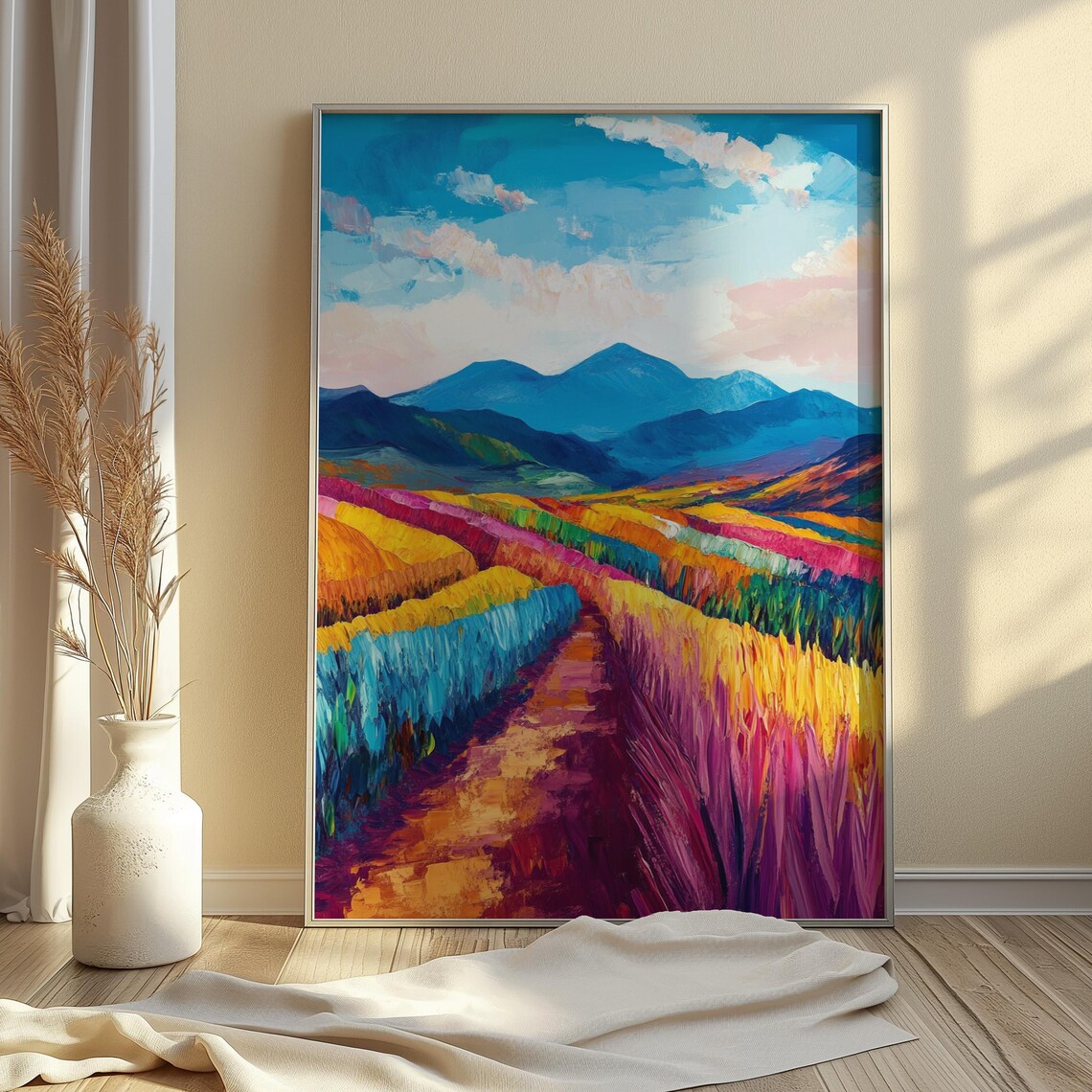 Rainbow Crop Fields Blue Mountains Pink Clouds Harvest Path Landscape Poster - Image 4