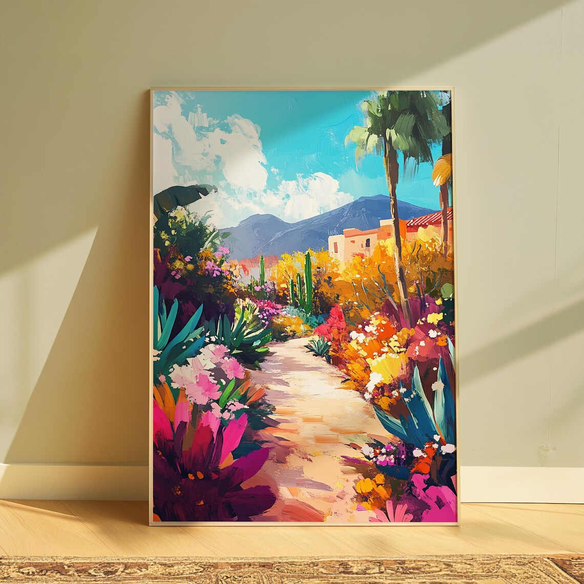 Tropical Hacienda Garden Path Palm Trees Agave Pink Blooms Mountain View Poster