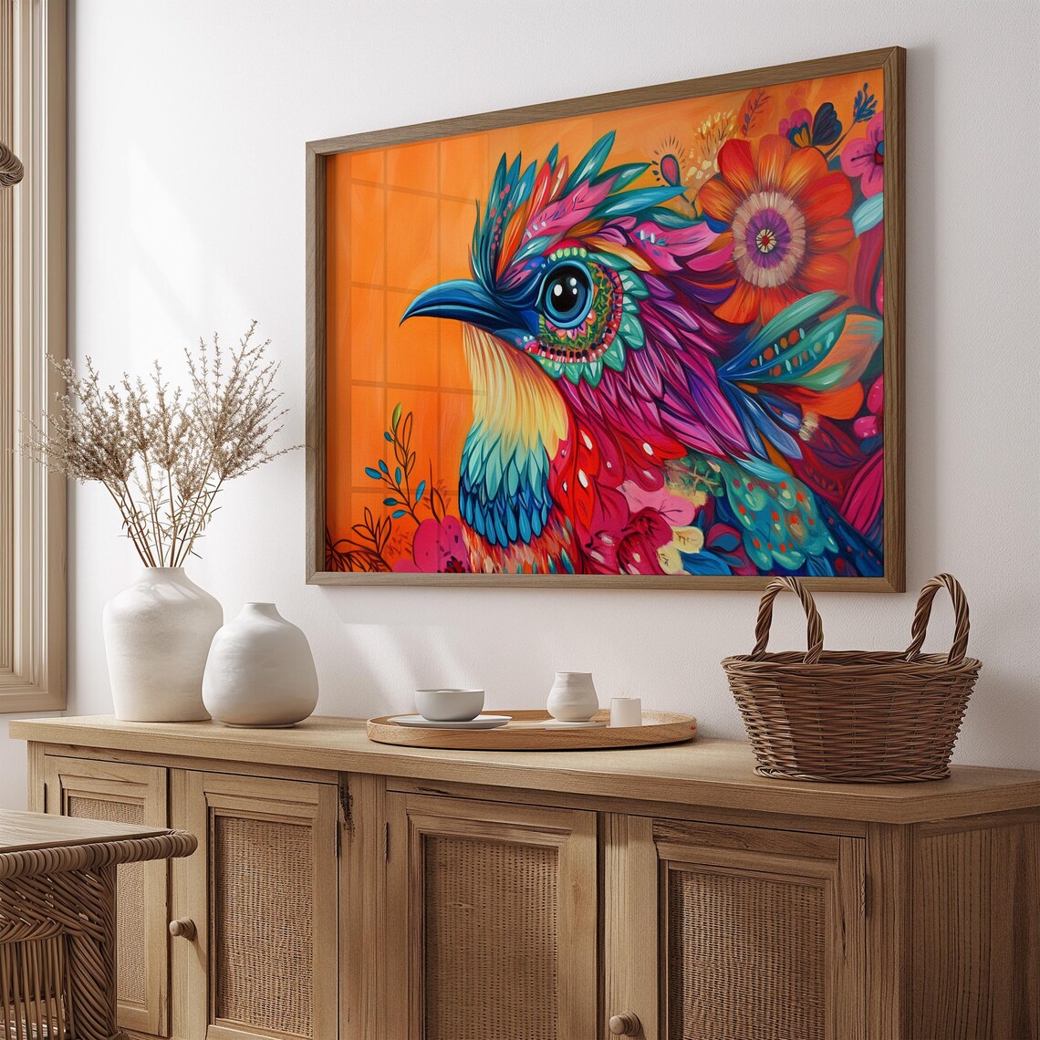 Teal Pink Fantasy Bird Head Profile Bold Orange Floral Art Print