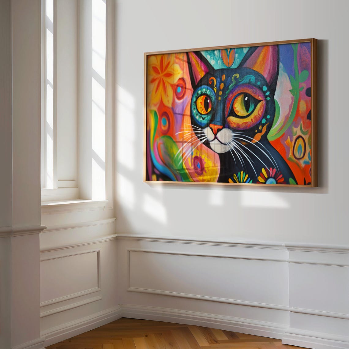 Black Cat Folk Art Big Green Eyes White Muzzle Abstract Pattern Poster - Image 3