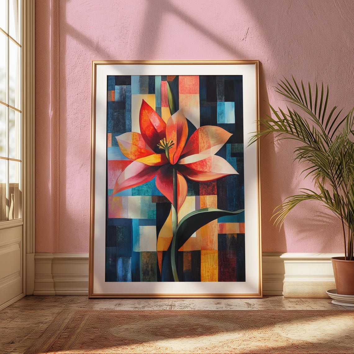 Red Lotus Bloom Blue Block Mosaic Background Modern Floral Poster - Image 2