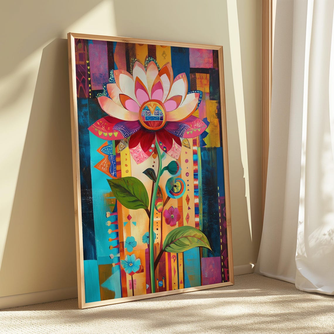 Pink Lotus Folk Art Striped Turquoise Background Botanical Poster - Image 5