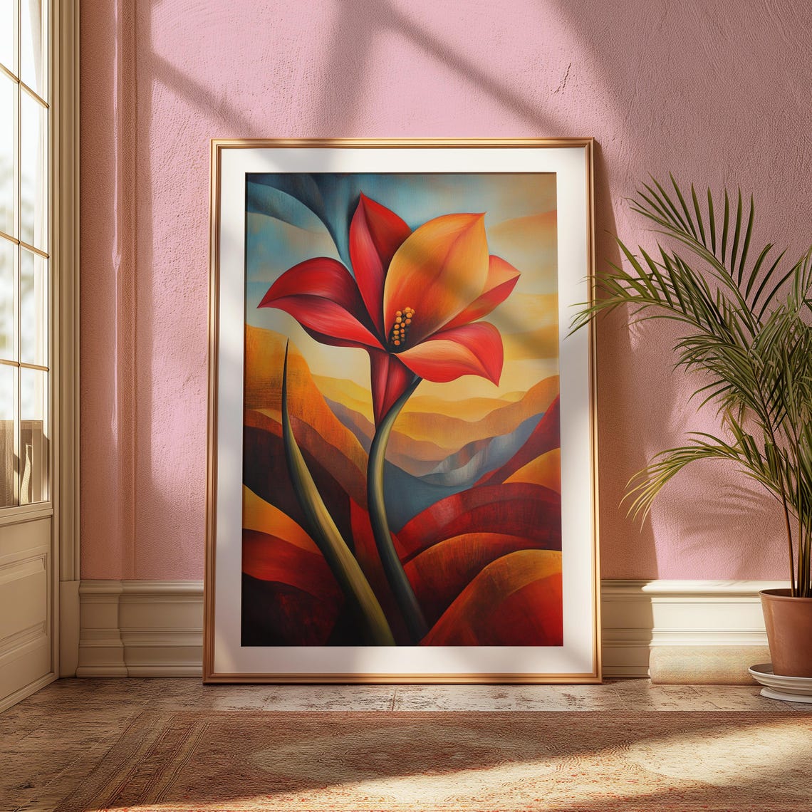 Red Amaryllis Wavy Sunset Landscape Modernist Floral Art Poster - Image 2