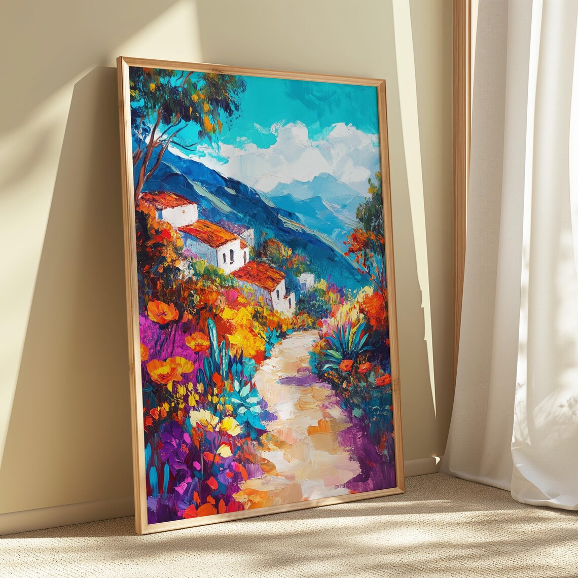 Hillside Houses Colorful Flower Garden Path Blue Mountain Art Print - Image 5