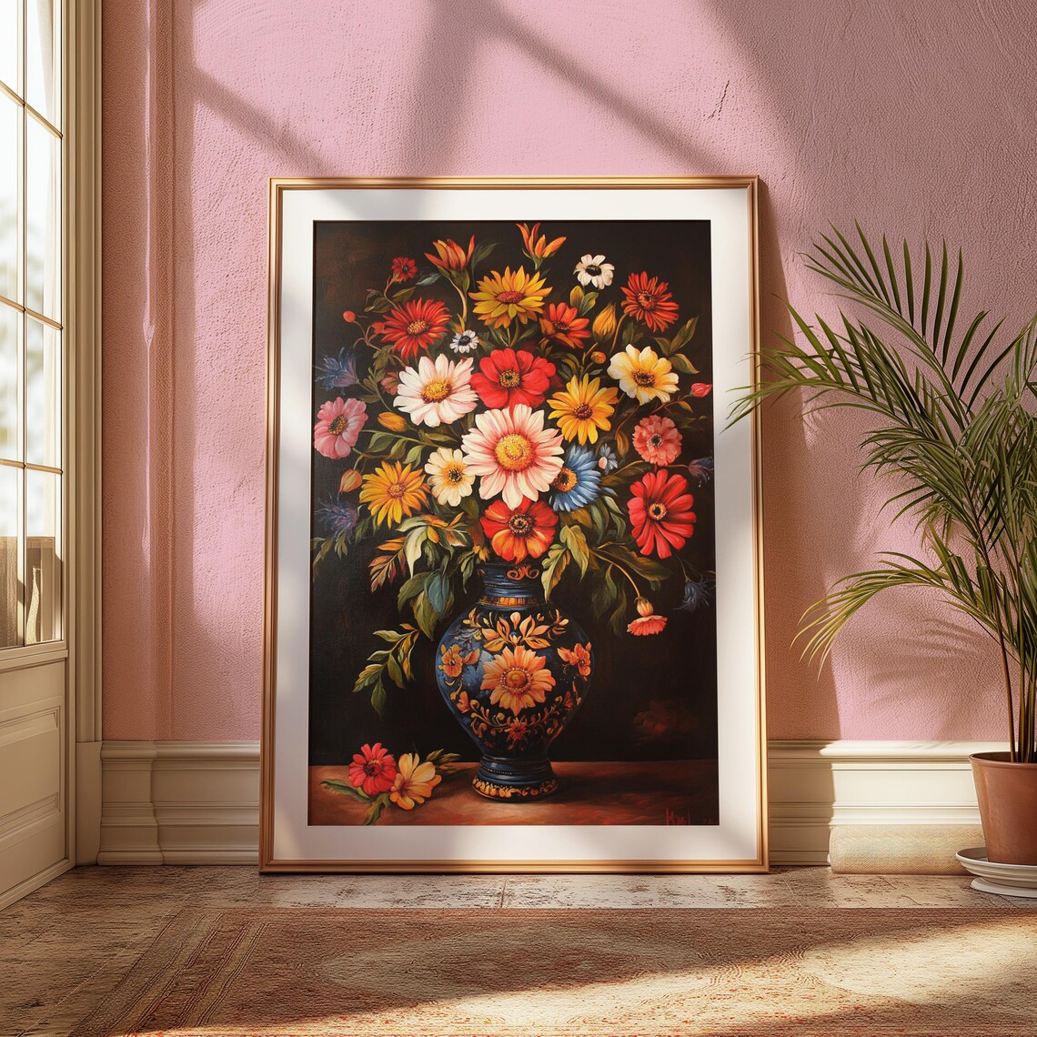 Classic Zinnia Daisy Bouquet Dark Blue Ornate Vase Moody Floral Poster - Image 2