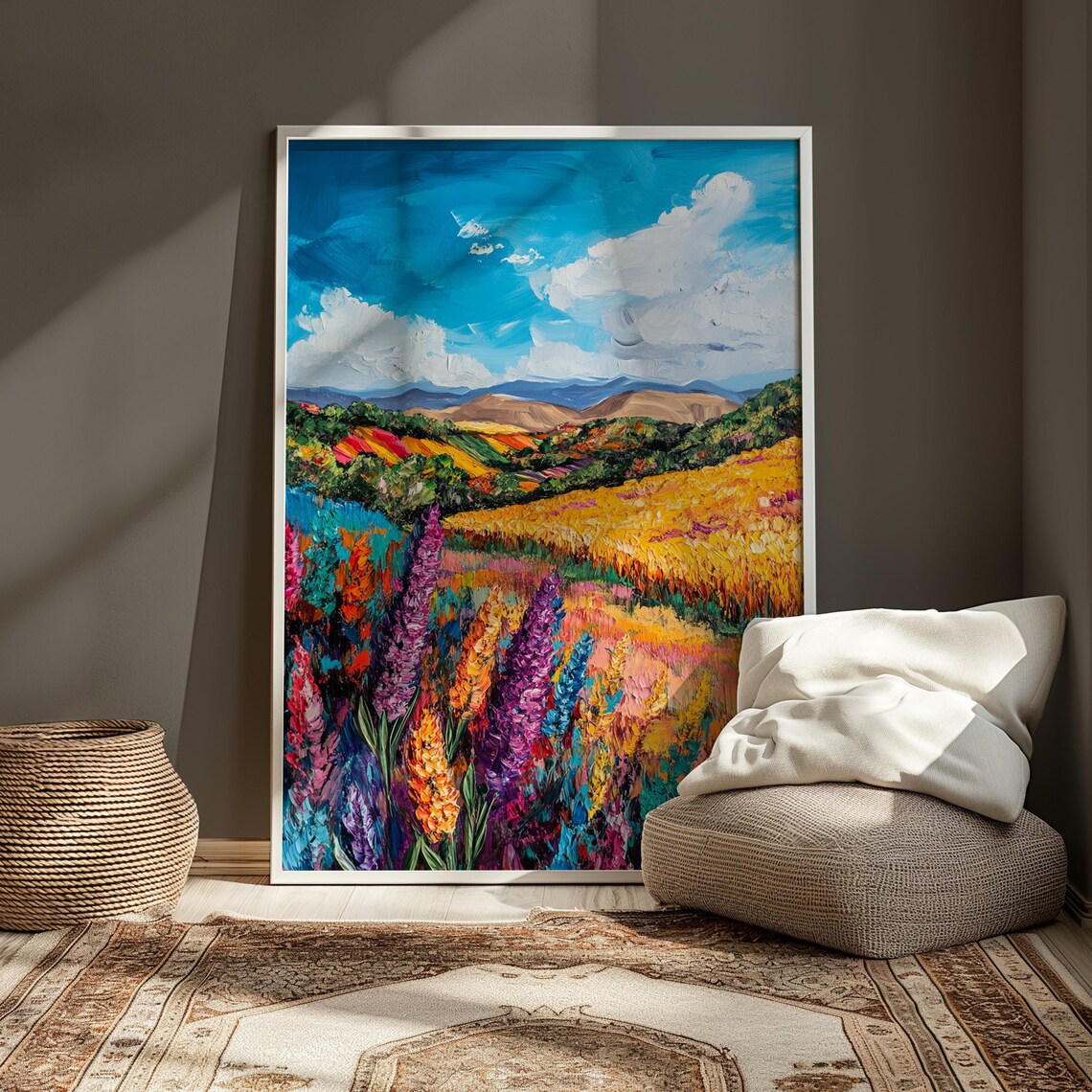 Vibrant Lupines Golden Wheat Fields Rolling Red Hills Blue Sky Landscape Poster - Image 3