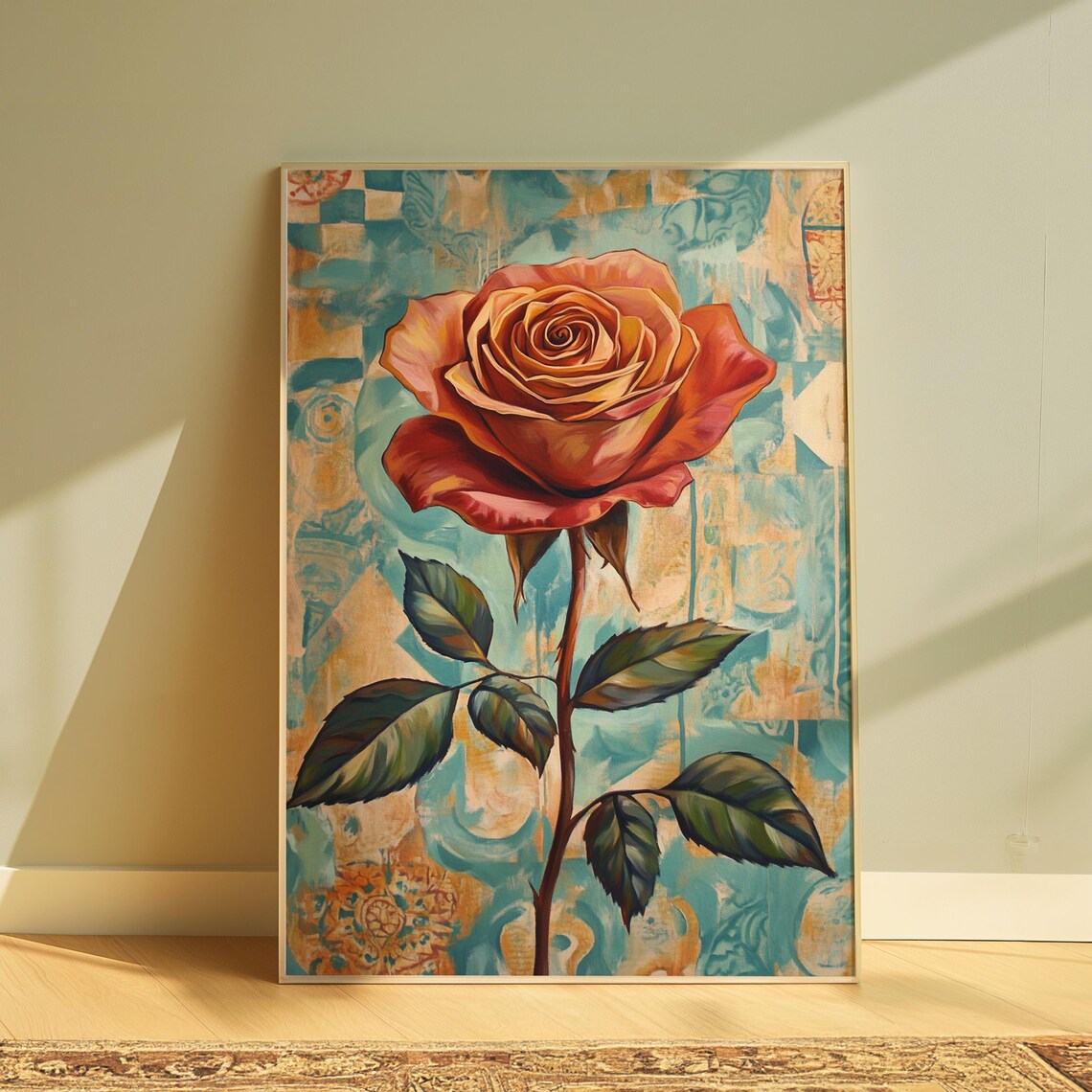 Peach Rose Patina Teal Background Painterly Floral Art Poster