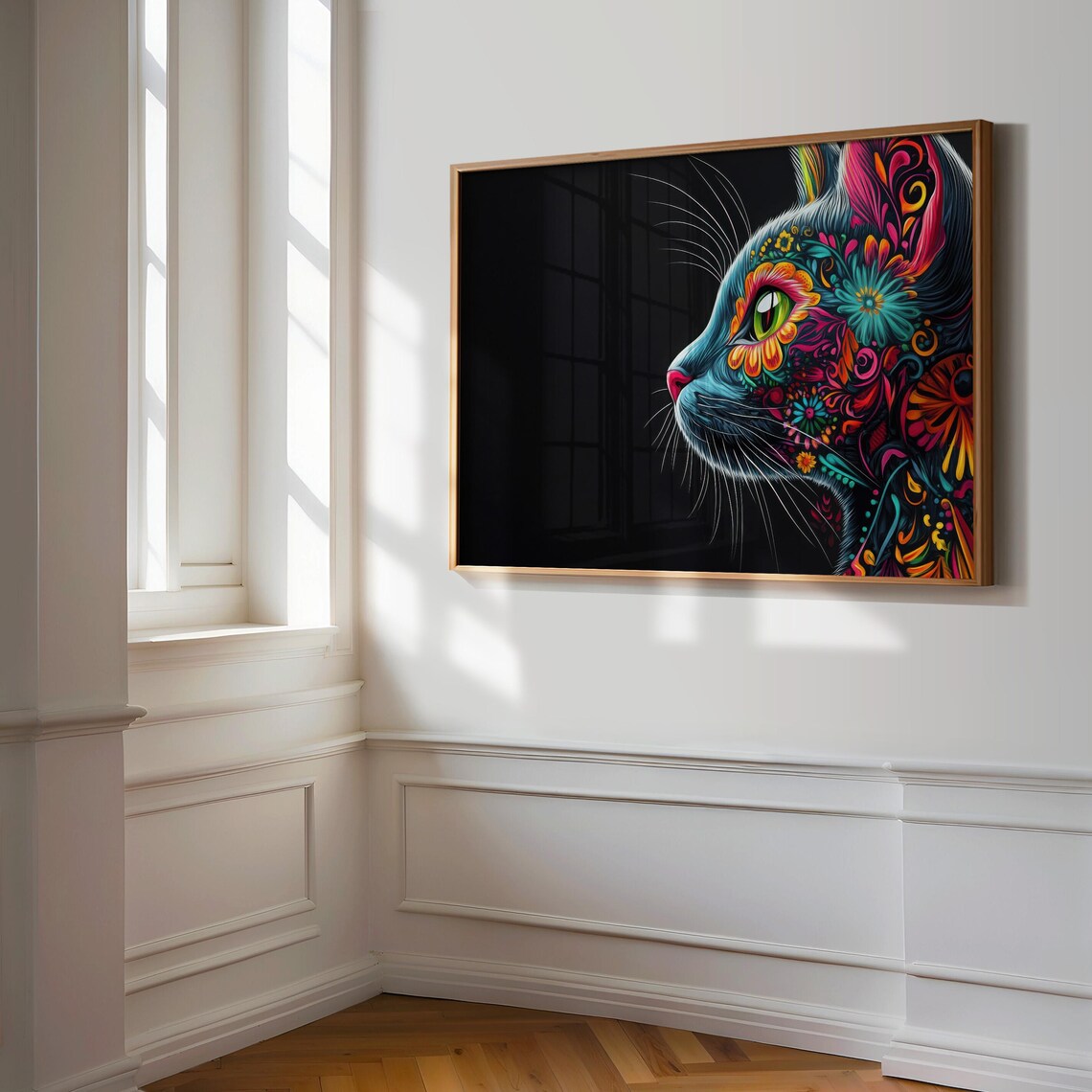 Mexican Alebrije Cat Profile Portrait Colorful Folk Art on Black Poster - Image 3
