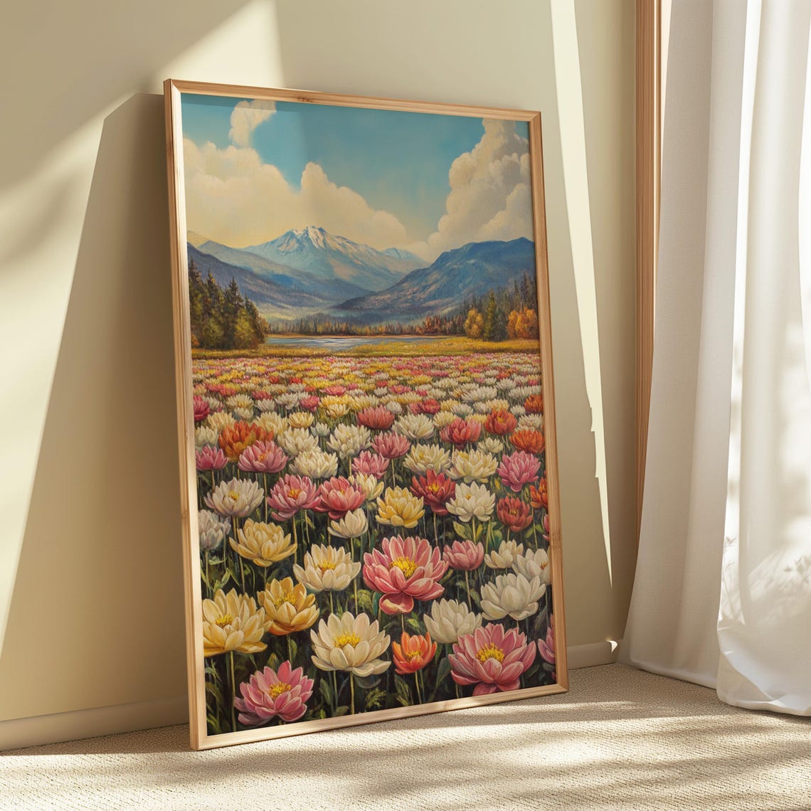 Pink Blossom Field Snow Capped Mountain Dramatic Cloudscape Art Poster - Image 4
