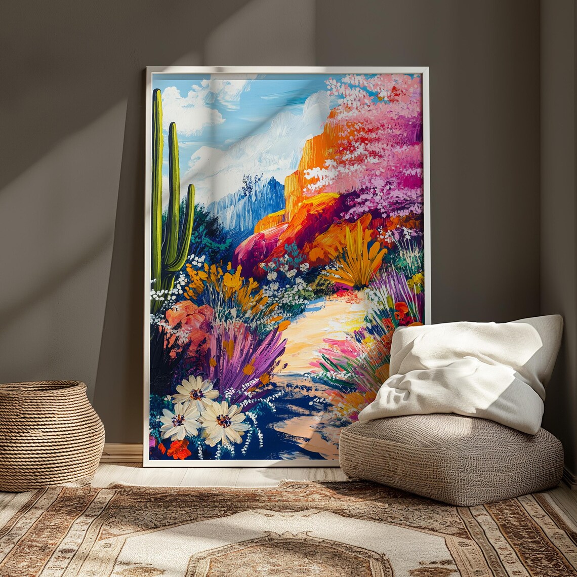 Blooming Desert Canyon Path Saguaro Cactus Pink Wildflowers Blue Sky Landscape Poster - Image 3